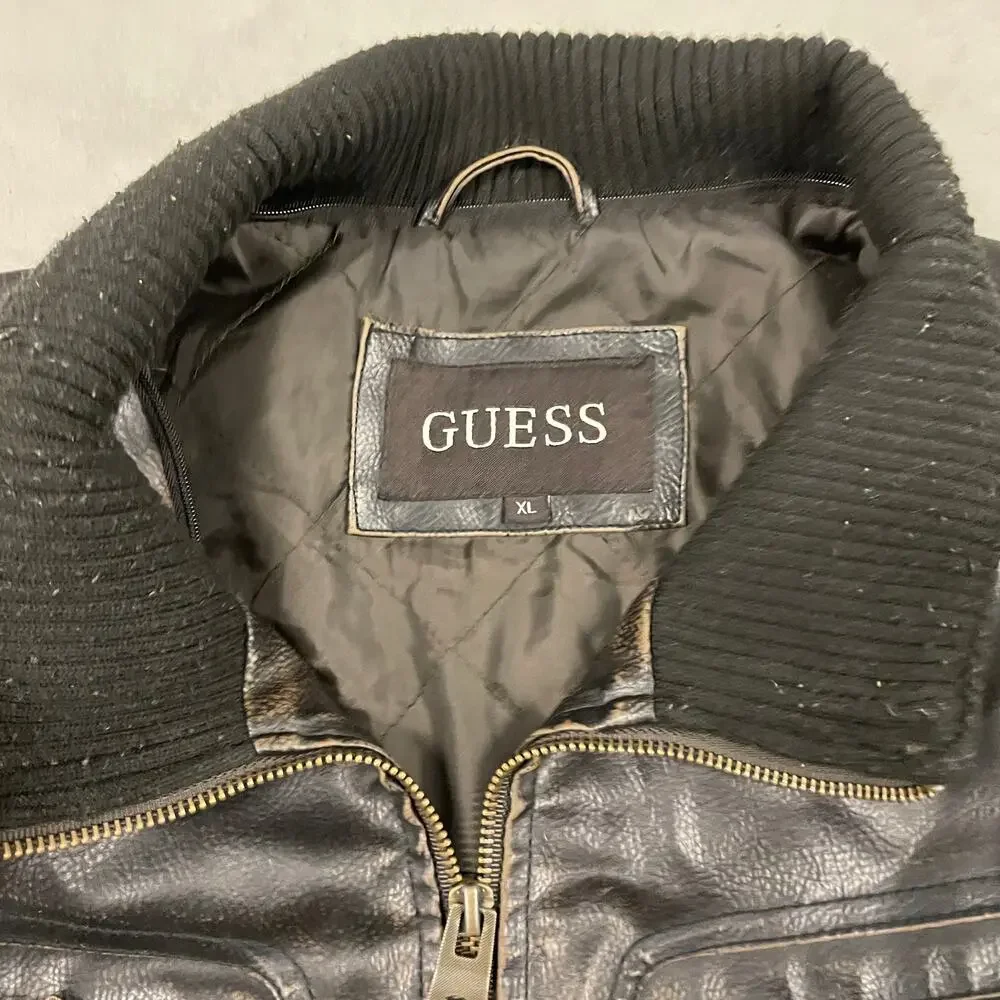 vintage y2k ribbed collar brown guess motorcycle zip up jacket